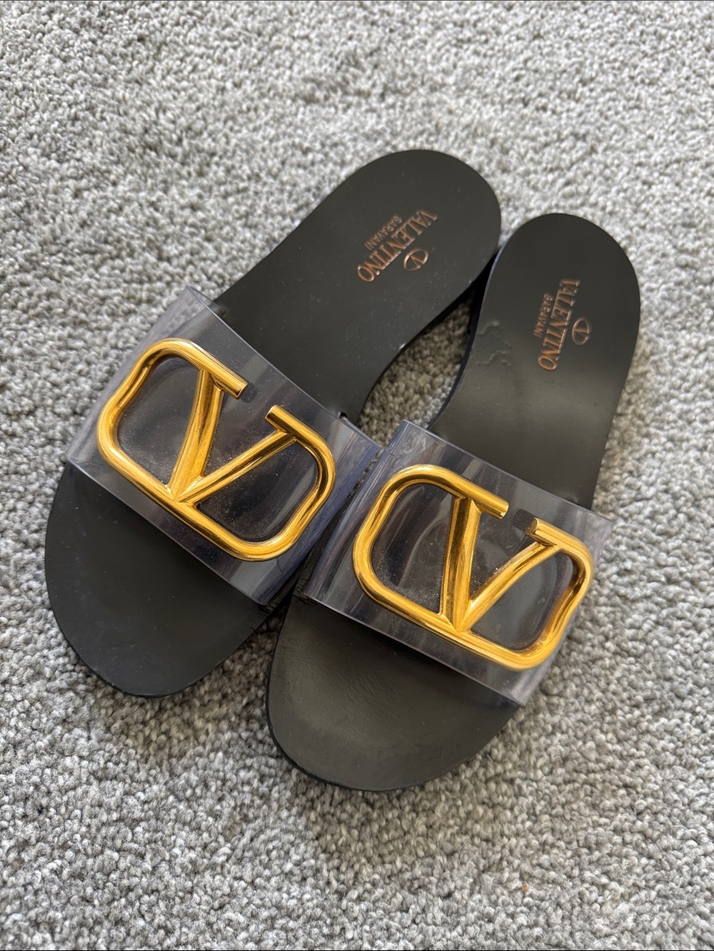 Valentino Black Slide Sandals with Gold Logo
